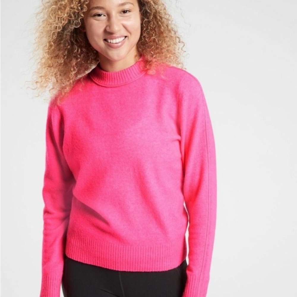 Athleta Transit Crew Neck Sweater Merino Wool Blend Hot Pink
